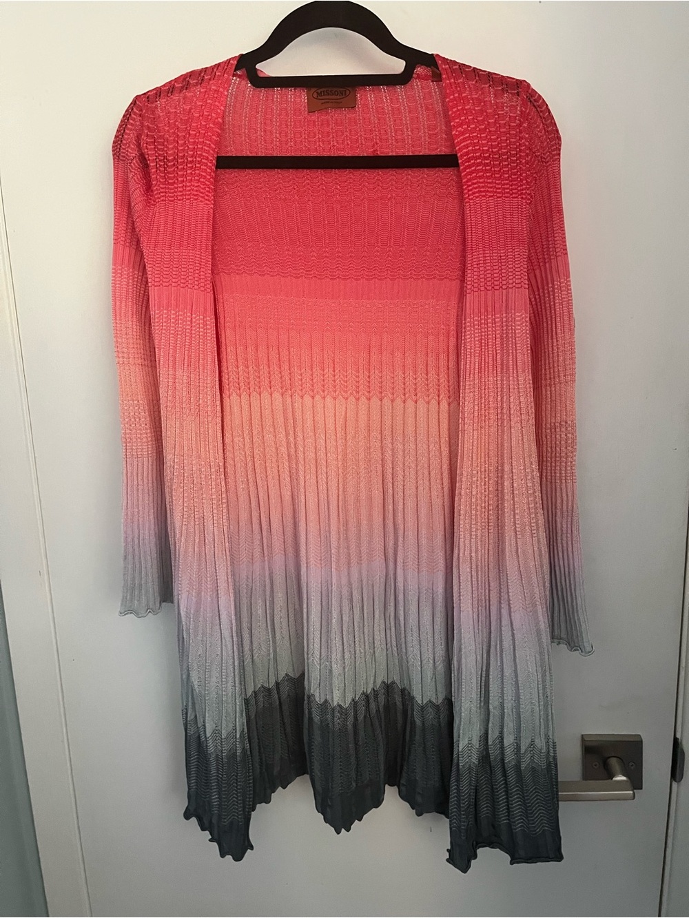 Missoni Italy Ombré Stretch Knit Long Cardigan Duster Size 38 Pink Grey